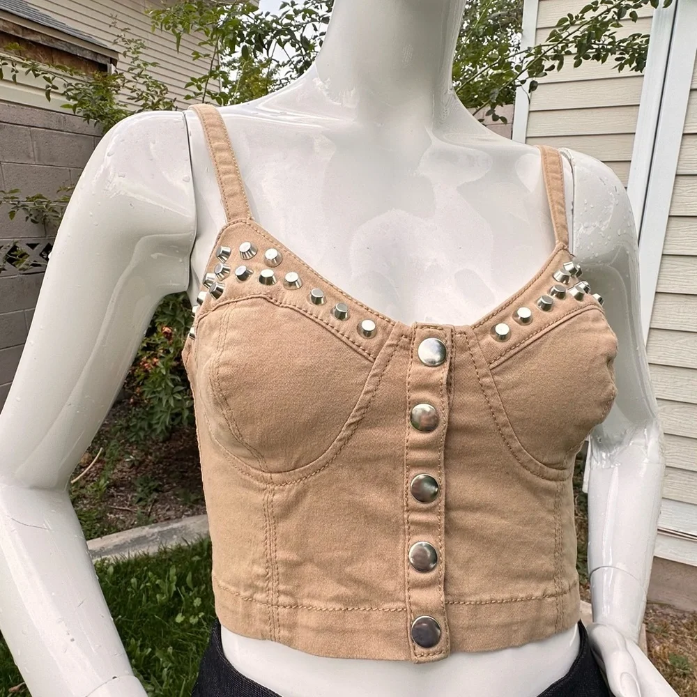 Studded Tan Button-Up Tank Top - Picture 1 of 7